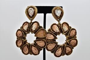 Satellite Paris Vintage Clip On Statement Earrings Copper Sequin Signed BinAK